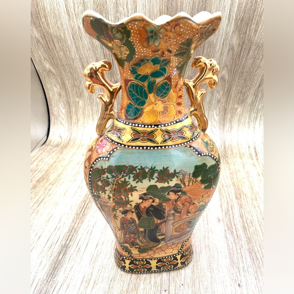 Hand Painted Porcelain Vase with Geishas Gold Gilded Scenic View